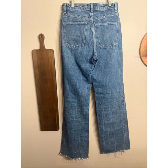 Zara Blue Denim Ripped Raw Hem High-Rise Straight Wide Leg Jeans Size 8 Tall - Picture 2 of 6